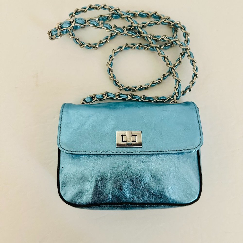 ABRO METALLIC BLUE CROSSBODY LEATHER MINI BAG WITH CHAIN STRAP